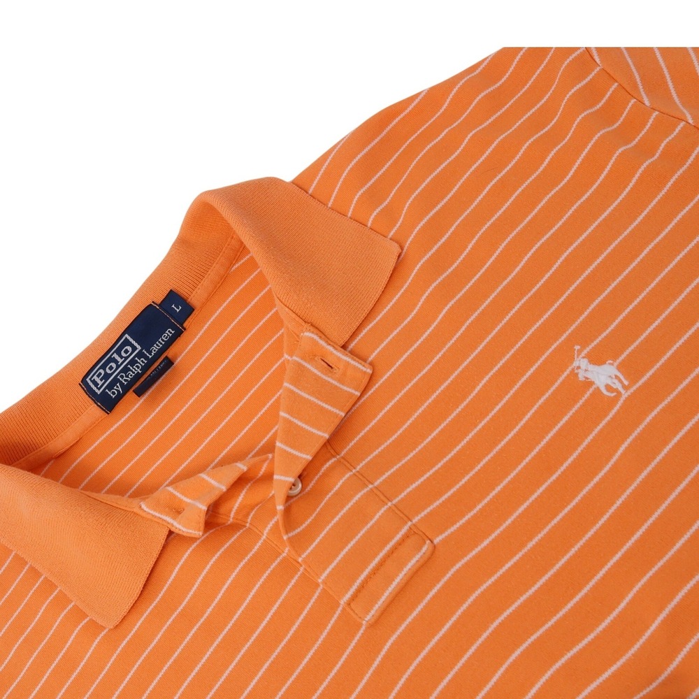 Polo Ralph Lauren Mens Large Orange White Striped Short Sleeve Pique Polo Shirt